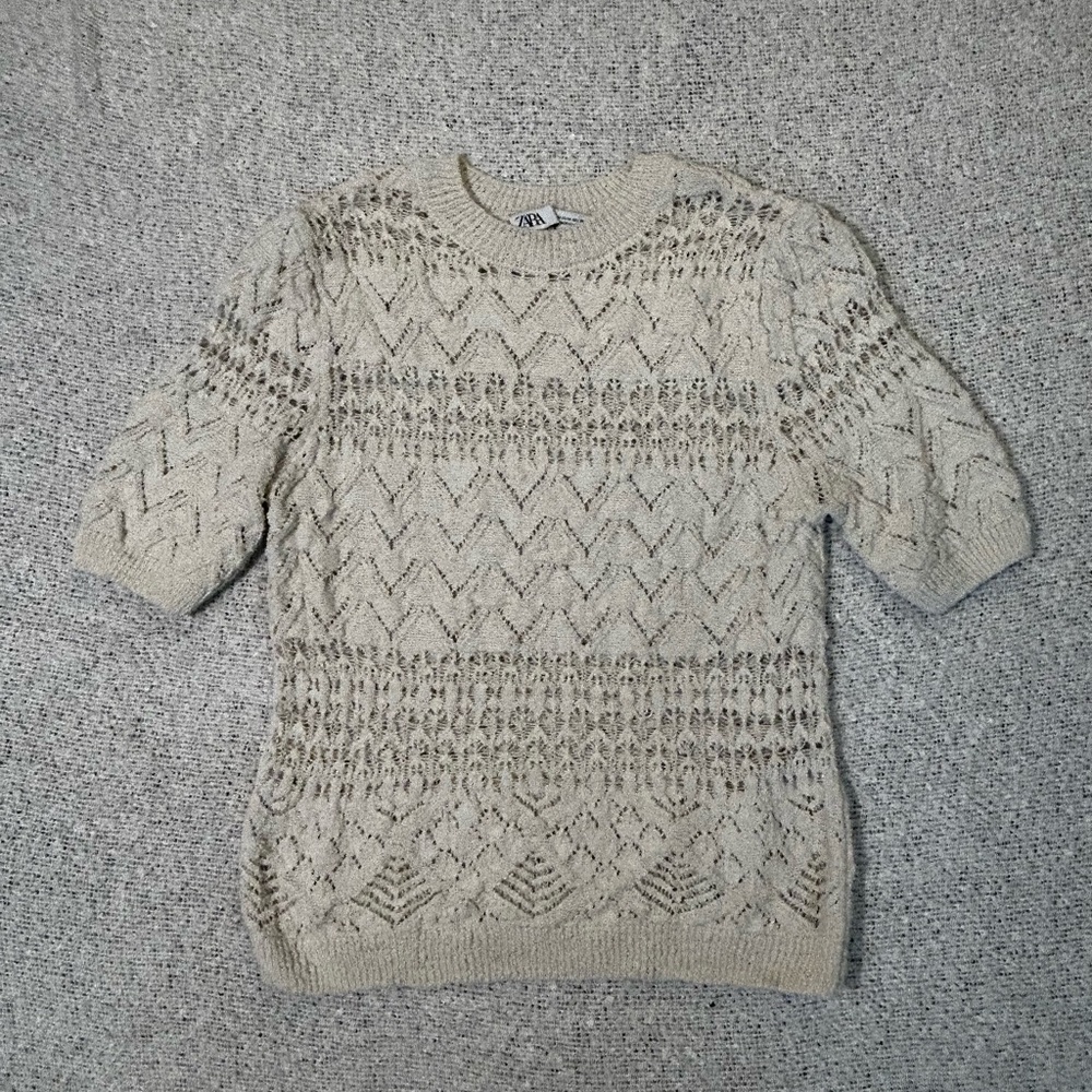 Zara boho cream open textured knit short sleeve top size M